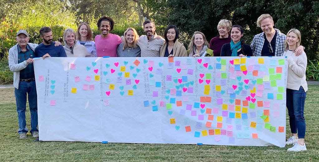 JMLF Board and staff members standing behind a giant sheet of white paper with color sticky notes on it